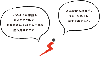 どのような課題も自分ごとと捉え、周りの期待を超える仕事を成し遂げること。どんな時も諦めず、ベストを尽くし、成果を出すこと。