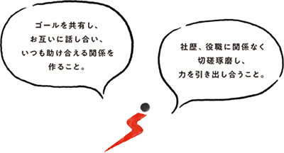 ゴールを共有し、お互いに話し合い、いつも助け合える関係を作ること。社歴、役職に関係なく切磋琢磨し、力を引き出し合うこと。